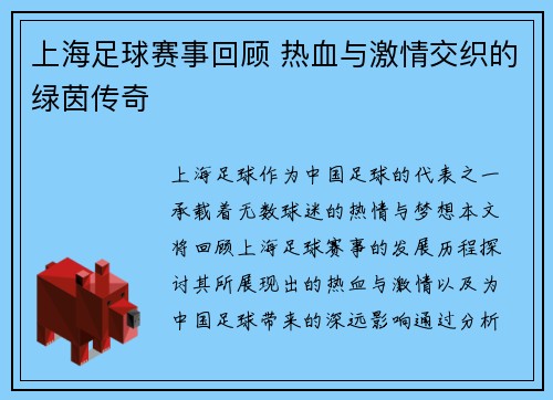 上海足球赛事回顾 热血与激情交织的绿茵传奇
